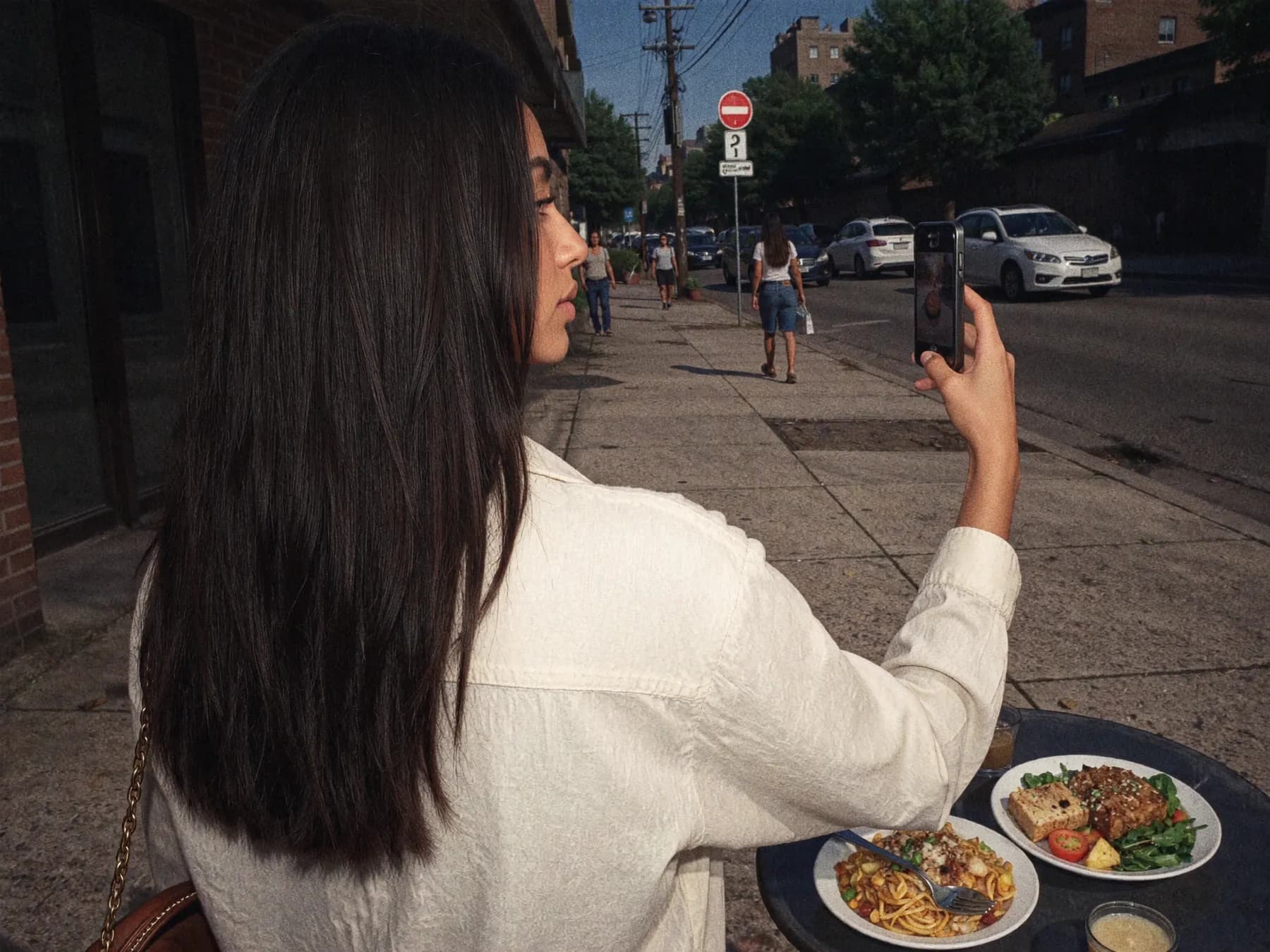 A creator photographing her food at a pavement table