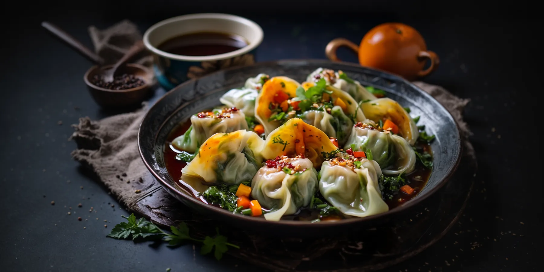 A dark ceramic bowl of steamed dumplings in chilli oil with coriander
