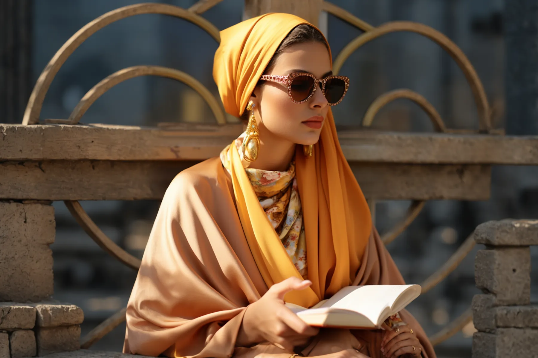 A woman in a mustard silk headscarf and jewelled sunglasses reading in golden late light